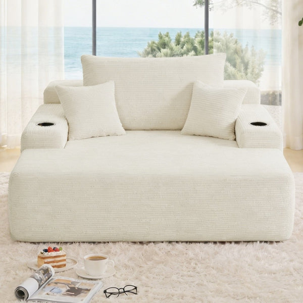 English Elm New Convertible Chaise Lounge Sleeper Sofa with Cup Holder Wide Armrest for Living Room Beige Corduroy W3975P502855