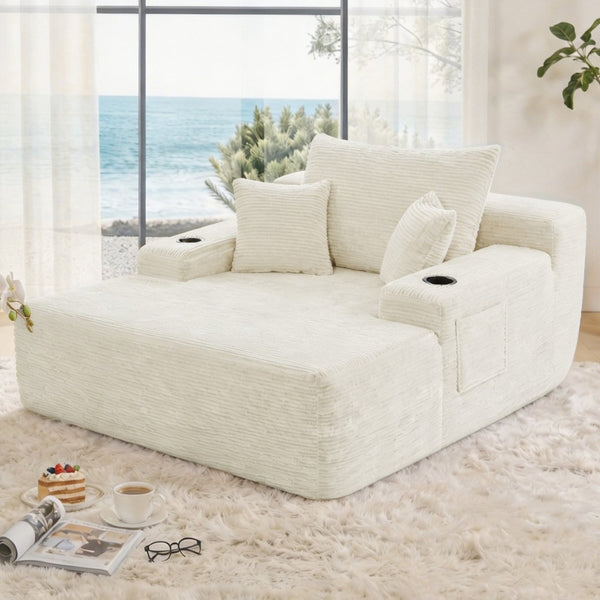 English Elm New Convertible Chaise Lounge Sleeper Sofa with Cup Holder Wide Armrest for Living Room Beige Corduroy W3975P502855