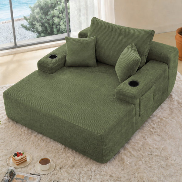 English Elm New Convertible Chaise Lounge Sleeper Sofa with Cup Holder Wide Armrest for Living Room Green Corduroy W3975P502856