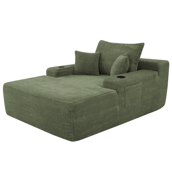 English Elm New Convertible Chaise Lounge Sleeper Sofa with Cup Holder Wide Armrest for Living Room Green Corduroy W3975P502856