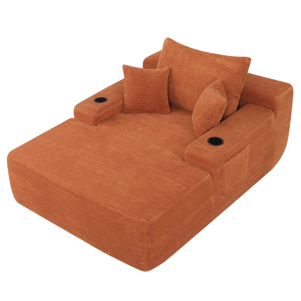 English Elm New Convertible Chaise Lounge Sleeper Sofa with Cup Holder Wide Armrest for Living Room Orange Corduroy W3975P502865