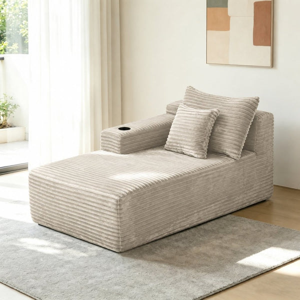 English Elm 37.5-Inch Plush Corduroy Sectional Chaise with Cup Holder for Modern Living Rooms Camel Left Chaise W3975P502911