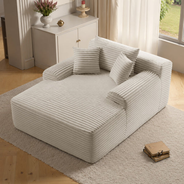 English Elm New Corduroy Convertible Chaise Lounge Sleeper Chair with Cup Holder and Throw Pillows White W3975P505134