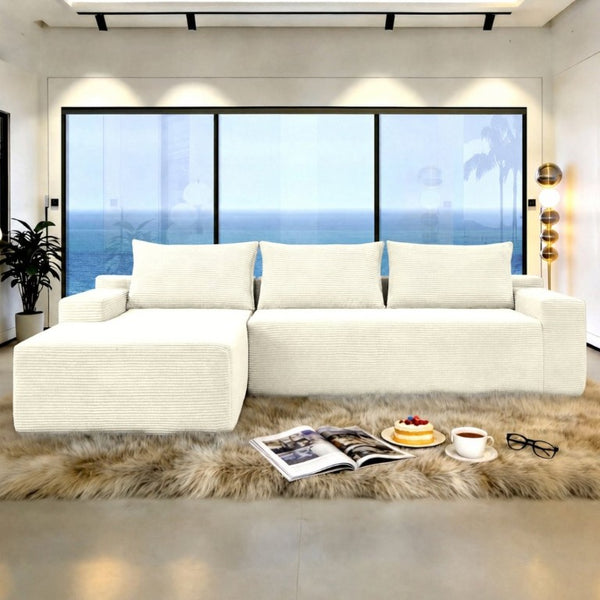 English Elm New3 Cloud Sectional Sofa with L-Shaped Chaise Deep Seat Corduroy Upholstered Modern White Left W3975P519731