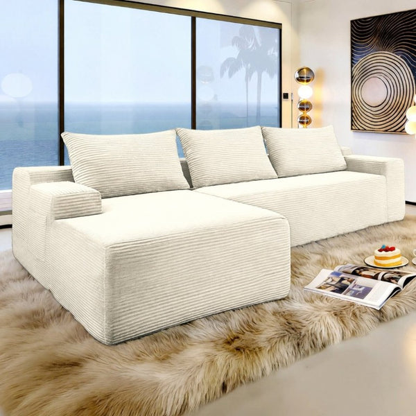English Elm New3 Cloud Sectional Sofa with L-Shaped Chaise Deep Seat Corduroy Upholstered Modern White Left W3975P519731