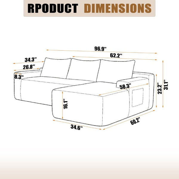 English Elm New3 Cloud Sectional Sofa with L-Shaped Chaise Deep Seat Corduroy Upholstered Modern White Right W3975P519732