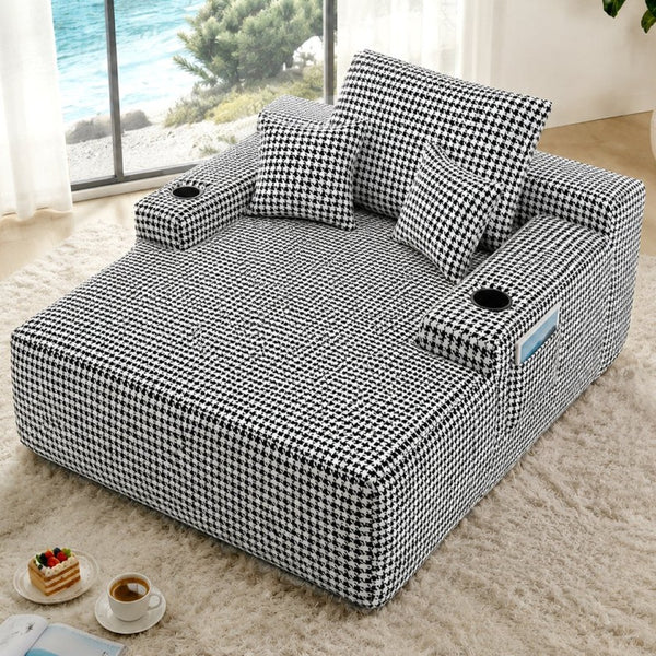 English Elm Convertible Corduroy Chaise Sleeper Chair Houndstooth Lounge Sofa Bed with Cup Holder W3975P533644