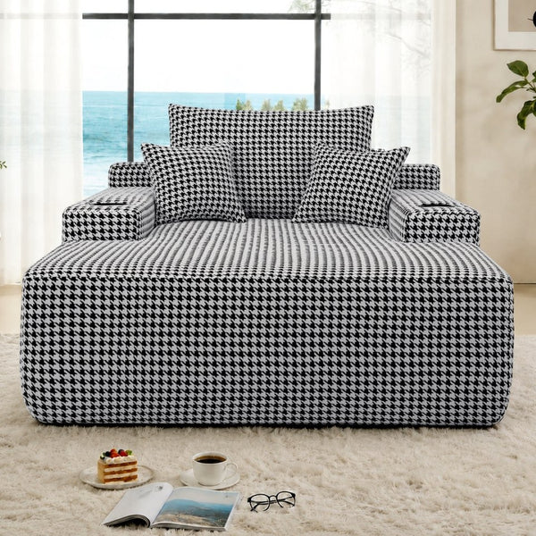 English Elm Convertible Corduroy Chaise Sleeper Chair Houndstooth Lounge Sofa Bed with Cup Holder W3975P533644
