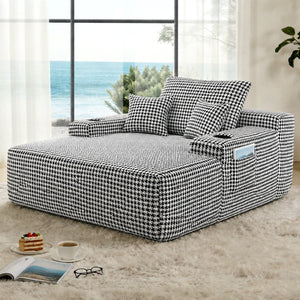 English Elm Convertible Corduroy Chaise Sleeper Chair Houndstooth Lounge Sofa Bed with Cup Holder W3975P533644