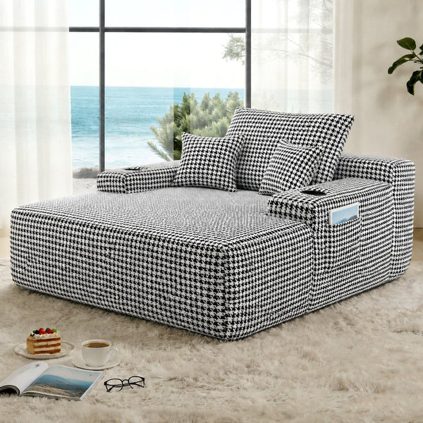 English Elm Convertible Corduroy Chaise Sleeper Chair Houndstooth Lounge Sofa Bed with Cup Holder W3975P533644