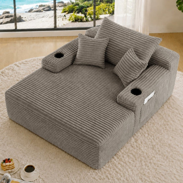 English Elm New Plush Striped Convertible Chaise Sleeper Chair with Cup Holder and Throw Pillows W3975P538346