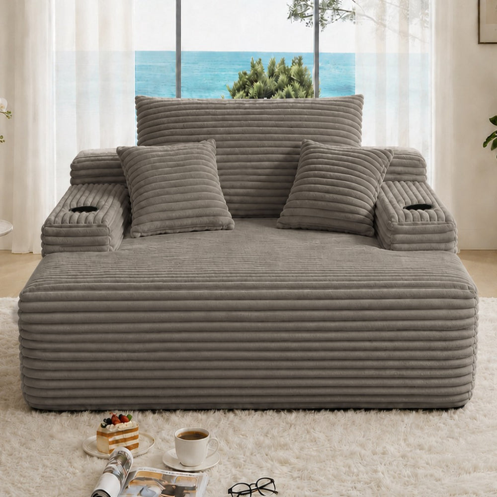 English Elm New Plush Striped Convertible Chaise Sleeper Chair with Cup Holder and Throw Pillows W3975P538346