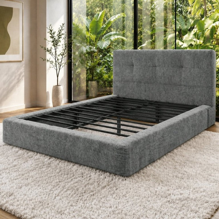 English Elm Navy Upholstered Platform Bed Low Profile Padded Headboard Modern Apartment Frame Grey W3975P539402