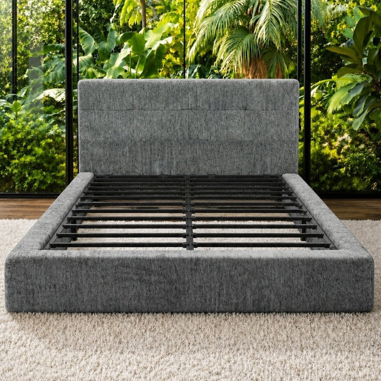 English Elm Navy Upholstered Platform Bed Low Profile Padded Headboard Modern Apartment Frame Grey W3975P539402