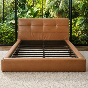 English Elm King Platform Bed Faux Leather Upholstered Frame with Padded Headboard No Box Spring King Brown W3975P539410