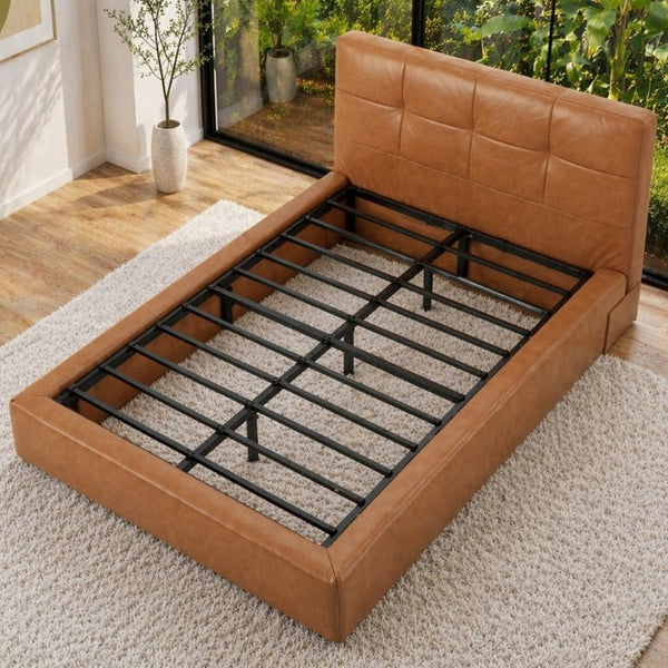 English Elm King Platform Bed Faux Leather Upholstered Frame with Padded Headboard No Box Spring King Brown W3975P539410