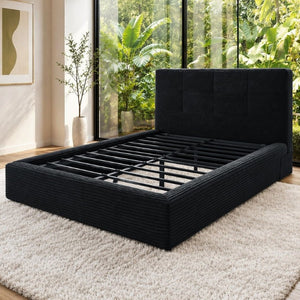 English Elm King Platform Bed Faux Leather Upholstered Frame with Padded Headboard No Box Spring Queen Black W3975P539411