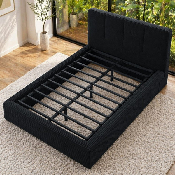 English Elm King Platform Bed Faux Leather Upholstered Frame with Padded Headboard No Box Spring Queen Black W3975P539411
