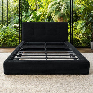 English Elm King Platform Bed Faux Leather Upholstered Frame with Padded Headboard No Box Spring Queen Black W3975P539411