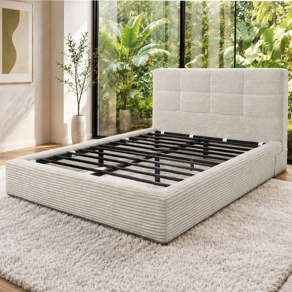 English Elm King Platform Bed Faux Leather Upholstered Frame with Padded Headboard No Box Spring Queen Beige W3975P539414