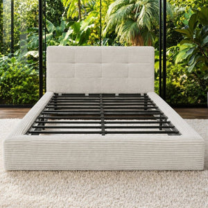 English Elm King Platform Bed Faux Leather Upholstered Frame with Padded Headboard No Box Spring Queen Beige W3975P539414