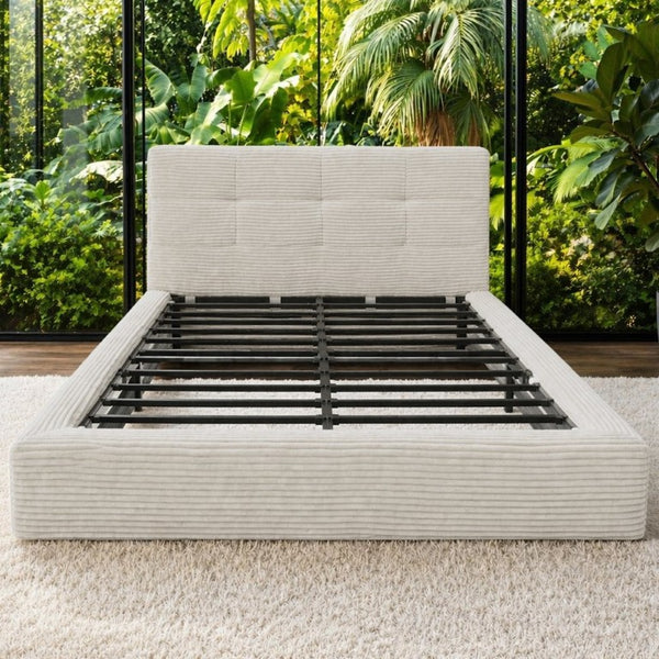 English Elm King Platform Bed Faux Leather Upholstered Frame with Padded Headboard No Box Spring Queen Beige W3975P539414