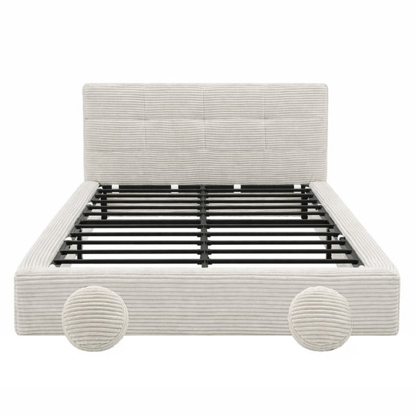 English Elm King Platform Bed Faux Leather Upholstered Frame with Padded Headboard No Box Spring Queen Beige W3975P539414