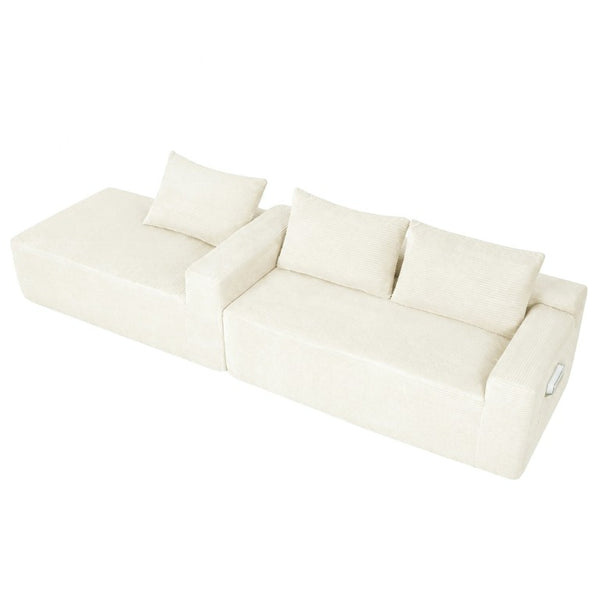 English Elm Upholstered Modular Floor Sofa with Corduroy Fabric and Low Profile Lounge Design White Left W3975P557431