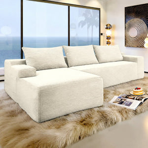 English Elm Upholstered Modular Floor Sofa with Corduroy Fabric and Low Profile Lounge Design White Left W3975P557431