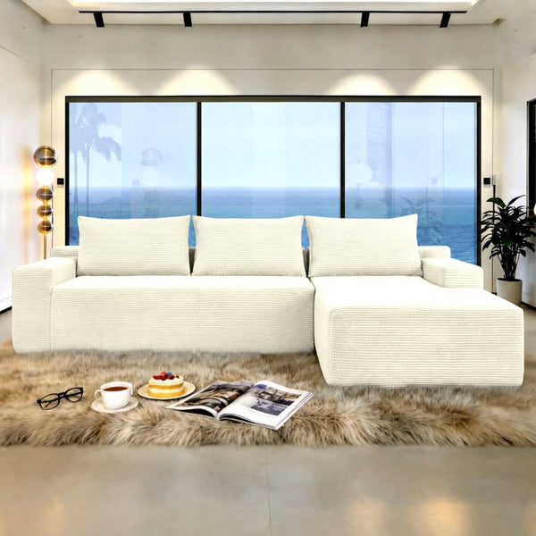English Elm Upholstered Modular Floor Sofa with Corduroy Fabric and Low Profile Lounge Design White Right W3975P557440