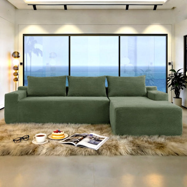 English Elm Upholstered Modular Floor Sofa with Corduroy Fabric and Low Profile Lounge Design Green Right W3975P557446
