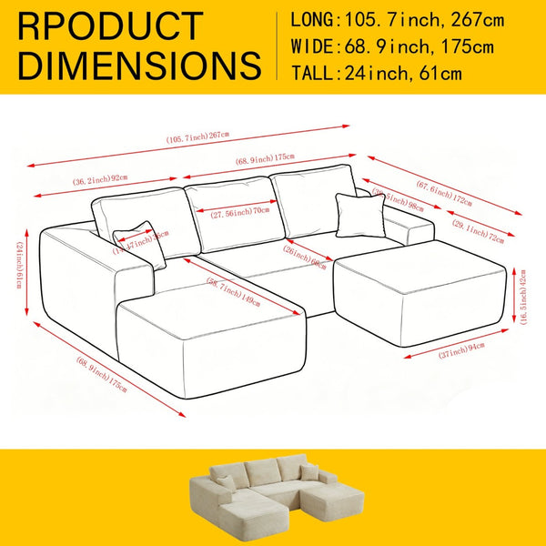 English Elm 105.7"cloud Modular U-shaped Sectional Plush Corduroy Deep Seat Sofa for Living Room W3975S00015