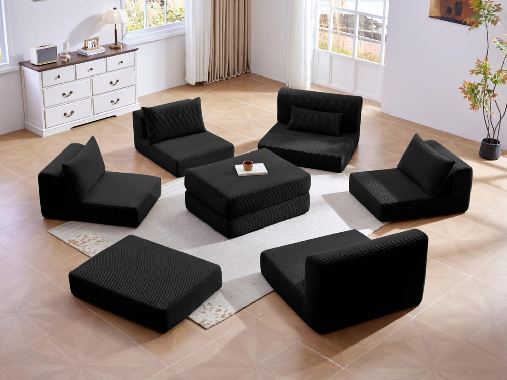 English Elm Upholstered Modular Floor Sectional Corduroy Sofa with Five Pillows for Living Rooms Black W3975S00039