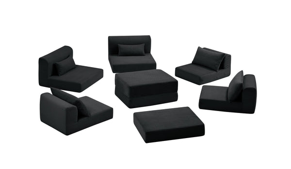 English Elm Upholstered Modular Floor Sectional Corduroy Sofa with Five Pillows for Living Rooms Black W3975S00039