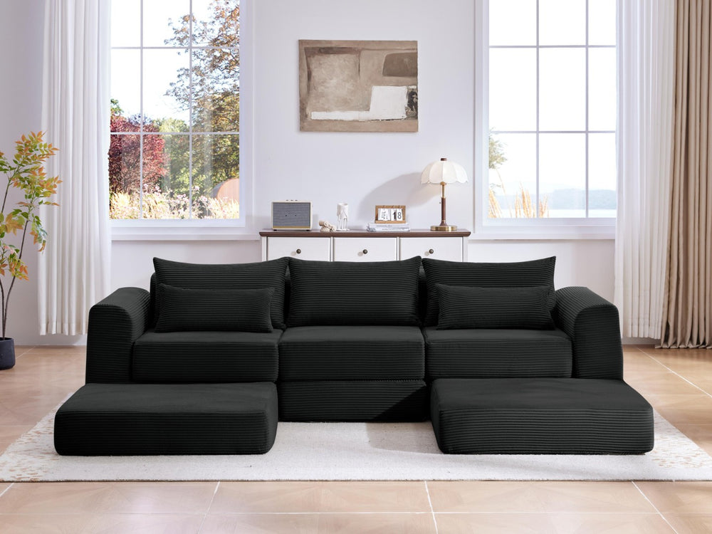 English Elm Upholstered Modular Floor Sectional Corduroy Sofa with Five Pillows for Living Rooms Black W3975S00039