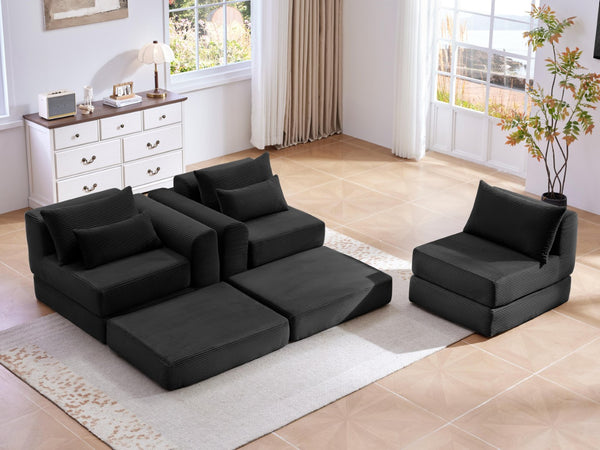 English Elm Upholstered Modular Floor Sectional Corduroy Sofa with Five Pillows for Living Rooms Black W3975S00039
