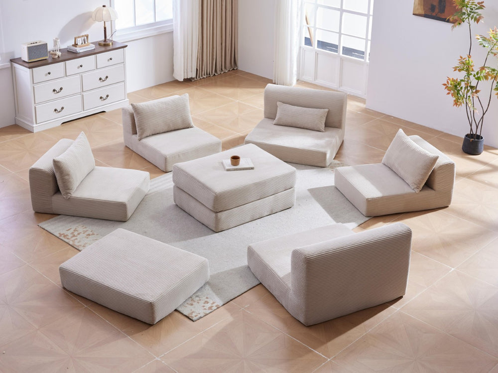 English Elm Upholstered Modular Floor Sectional Corduroy L Shaped Sofa with Five Accent Pillows Camel W3975S00041