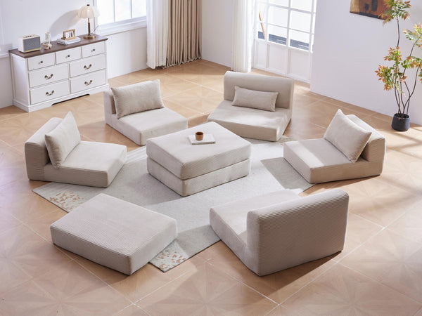English Elm Upholstered Modular Floor Sectional Corduroy L Shaped Sofa with Five Accent Pillows Camel W3975S00041