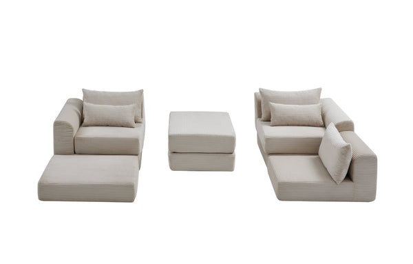 English Elm Upholstered Modular Floor Sectional Corduroy L Shaped Sofa with Five Accent Pillows Camel W3975S00041