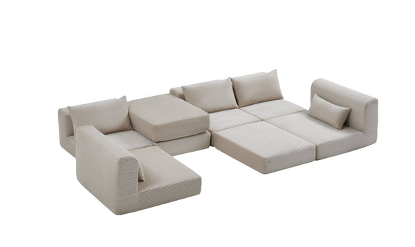 English Elm Upholstered Modular Floor Sectional Corduroy L Shaped Sofa with Five Accent Pillows Camel W3975S00041
