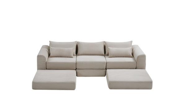 English Elm Upholstered Modular Floor Sectional Corduroy L Shaped Sofa with Five Accent Pillows Camel W3975S00041