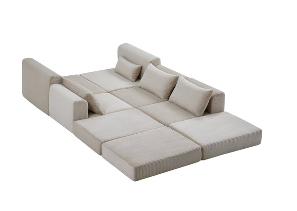 English Elm Upholstered Modular Floor Sectional Corduroy L Shaped Sofa with Five Accent Pillows Camel W3975S00041