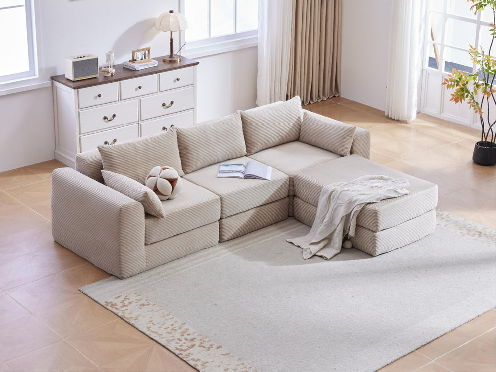 English Elm Upholstered Modular Floor Sectional Corduroy L Shaped Sofa with Five Accent Pillows Camel W3975S00041