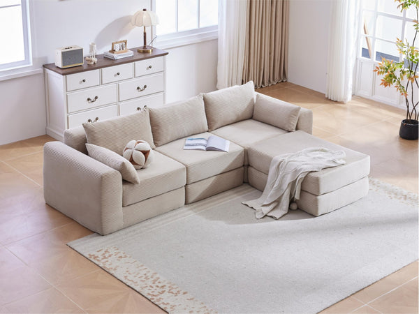 English Elm Upholstered Modular Floor Sectional Corduroy L Shaped Sofa with Five Accent Pillows Camel W3975S00041
