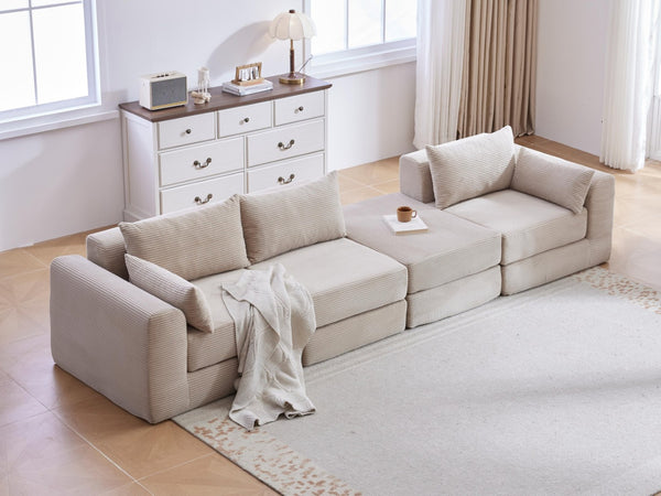 English Elm Upholstered Modular Floor Sectional Corduroy L Shaped Sofa with Five Accent Pillows Camel W3975S00041