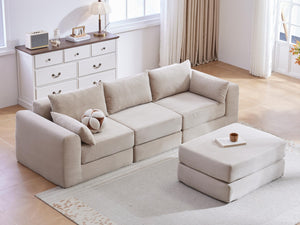 English Elm Upholstered Modular Floor Sectional Corduroy L Shaped Sofa with Five Accent Pillows Camel W3975S00041