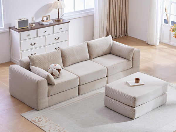 English Elm Upholstered Modular Floor Sectional Corduroy L Shaped Sofa with Five Accent Pillows Camel W3975S00041
