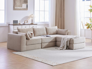 English Elm Upholstered Modular Floor Sectional Corduroy L Shaped Sofa with Five Accent Pillows Camel W3975S00041