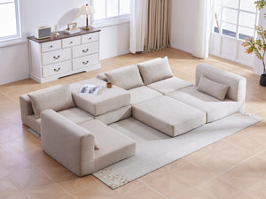 English Elm Upholstered Modular Floor Sectional Corduroy L Shaped Sofa with Five Accent Pillows Camel W3975S00041