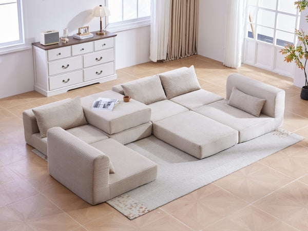English Elm Upholstered Modular Floor Sectional Corduroy L Shaped Sofa with Five Accent Pillows Camel W3975S00041